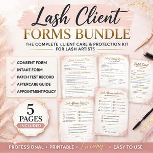 May include: A bundle of printable lash client forms for lash artists. The forms include consent, intake, patch test record, aftercare guide, and appointment policy. The design is pink and gold with the text "Lash Client Forms Bundle".