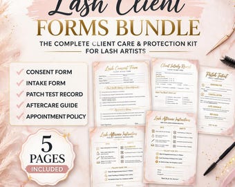 Lash Client Forms Bundle, Lash Consent Form, Intake Form, Aftercare Card, Patch Test Record, Appointment Policy, Printable PDF