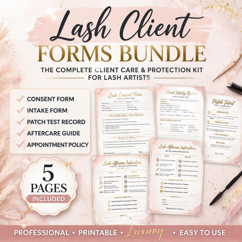 May include: A bundle of printable lash client forms for lash artists. The forms include consent, intake, patch test record, aftercare guide, and appointment policy. The design is pink and gold with the text "Lash Client Forms Bundle".