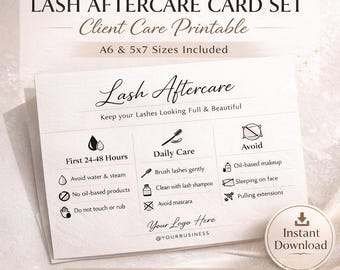 Lash Aftercare Card Set Printable, Lash Client Care Cards, Lash Tech Aftercare Guide, Client Reminder Card, A6 5x7 Beauty Business PDF