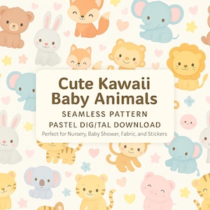 Słodkie Kawaii Baby Animals Seamless Pattern | Pastel Digital Download | Idealne do pokoju dziecięcego, na baby shower, na tkaniny i naklejki