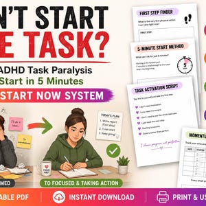 ADHD Task Paralysis Help Printable | ADHD Procrastination Worksheet | Executive Dysfunction Support | ADHD Start Now System