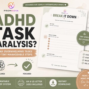 May include: A printable PDF system with the text "ADHD TASK PARALYSIS?" and "Break overwhelming tasks into tiny manageable steps." The design includes a graphic of a tangled ball transforming into a checkmark, and the words "Overwhelmed" and "Focused."