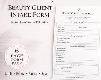 Beauty Client Intake Form Printable | Salon Consultation Form | Esthetician Client Record | Lash Brow Facial Client Form | Instant Download