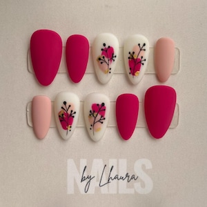 Elegant Floral Press-On Nails – Hand-Painted Matte Pink & Botanical Nail Art