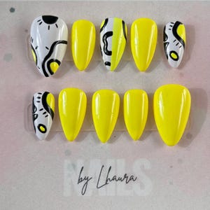 Abstract Yellow Press-On Nails | Hand-Painted Pop Art Nails | Bright Summer Fake Nails | Reusable Custom Nail Set | Vibrant Aesthetic Nails