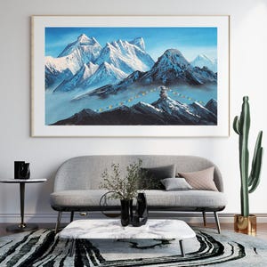 Everest Montanha Sagarmatha Ama Dablam Himalaia Paisagem Bandeira Tibetana Natureza Autêntica Pintura à Mão Acrílico Arte de Parede