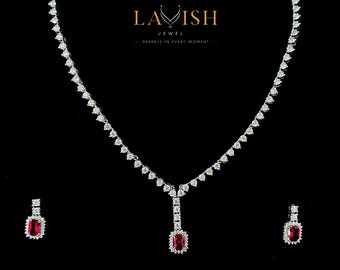 Ruby Red Moissanite Necklace Set: Sterling Silver Drop Pendant Earrings