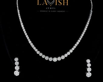 Moissanite Diamond Bridal Jewelry Set: Sterling Silver Tennis Necklace & Earrings