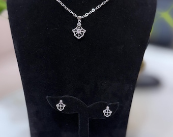 Sterling Silver Floral Geometric Pendant Necklace & Earrings Set – Unique Elegant Jewelry Gift
