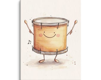 Watercolor Snare Drum Art Print - Cute Musical Nursery Wall Decor for Baby Room - 9x12 Canvas Print - Unique Baby Gift