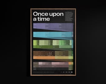 May include: A framed poster with the words "Once upon a time" in white text. The poster features a series of colourful horizontal bars and data visualisations. The background is black.