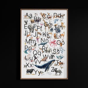 A–Z Englisch Tiere Alphabet Poster, Proportionalwaage, Aquarell Illustrationen, Lernposter, Klassenzimmer Kunst, Kinderzimmer Geschenk