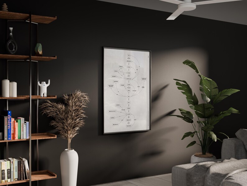 Puede incluir: Un diagrama enmarcado con un borde negro cuelga de una pared oscura. El diagrama es una red compleja de c&iacute;rculos y l&iacute;neas. Un jarr&oacute;n blanco alto contiene plantas secas. Una estanter&iacute;a de madera con libros y decoraci&oacute;n est&aacute; a la izquierda.