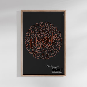 Poster con parole scandinave Hygge - Illustrazione lineare di unione accogliente - Due varianti di colore - Arte murale nordica