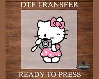 Pink Camera Cat DTF Transfer | Retro Cartoon Shirt Design (Ready to Press)