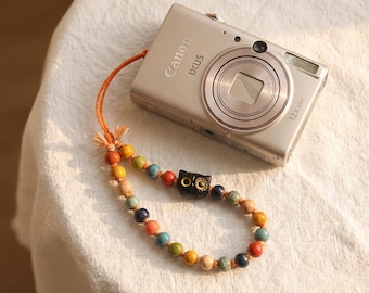 CCD / Phone Charm Handmade – Colorful Ceramic Glazed Beads, Ebony Wood Lanyard