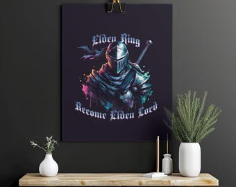 Lámina de Elden Ring, póster de Become Elden Lord, decoración de pared de Fantasy Knight, obra de arte de juegos de rol, regalo inspirado en Dark Souls, decoración de sala de juegos