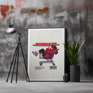Mundane Anime Art Print, Estetyczny plakat koszyka zakupowego, Relatywna sztuka ścienna z anime retro, Fajny minimalistyczny wystrój, Chill Vibes Artwork