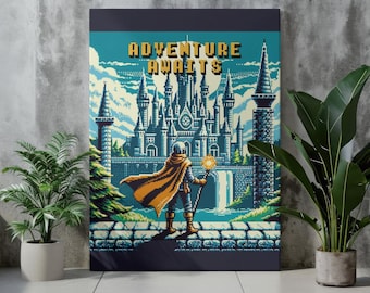 Adventure Awaits Retro Pixel Art Print - Fantasy Castle Wall Art for Gamers and RPG Fans