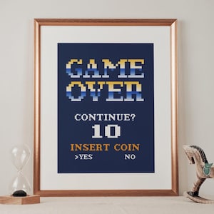 Retro Game Over Art Print, Arcade Wall Decor, Pixel Gaming Poster, 80s 90s Gamer Room Art,Insert Coin Sign, Video Game Wall Art