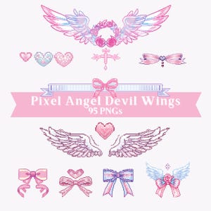 Puede incluir: Un conjunto de 95 alas de ángel y demonio en pixel art, en rosa, azul y blanco. Las alas son de varios estilos, incluyendo alas de ángel tradicionales, alas de demonio y alas en forma de corazón. El conjunto también incluye lazos, corazones y una cruz.