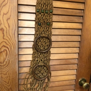 Vintage Jute Macrame Towel Holder - 2 Rings - Wood Beads 1970&#39;s