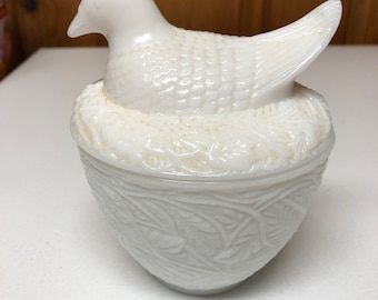 Vintage Avon Bird on Nest Milky Glass Trinket/Candle Dish with Lid