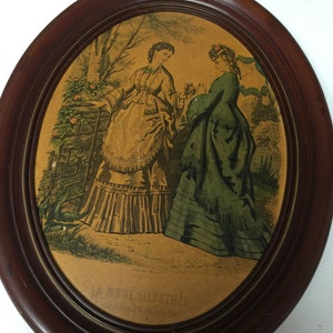 Vintage La Mode Illustree Victorian Women Print in Wooden Oval Frame