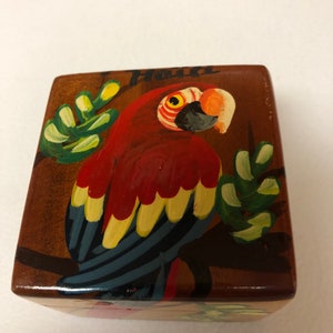 Haitian Folk Art Hand Painted Parrot Bird Wooden Colorful Trinket Box