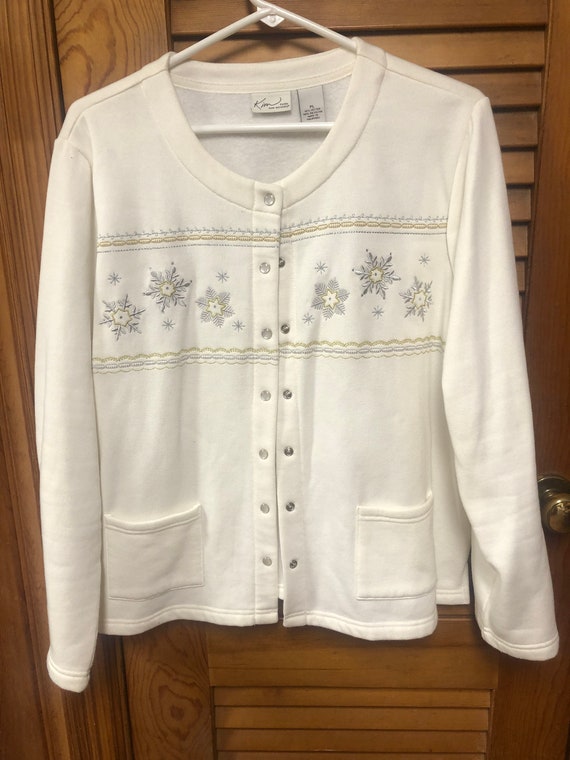 Kim Rogers Fleece Snowflake White Snap Front Jack… - image 1