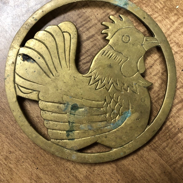 Vintage Brass Rooster Trivet Round Footed Chicken Kitchen Hot Pad 7" Wide