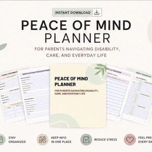 Könnte beinhalten: Ein digitaler Peace of Mind Planer für Eltern, die Behinderung, Pflege und den Alltag bewältigen. Das Set enthält ein Deckblatt und mehrere interne Tracking-Seiten für Familieninformationen, Medikamente, Rezepte, Fähigkeiten und Tagespläne.