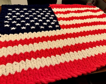 American Flag hand knitted chunky blanket