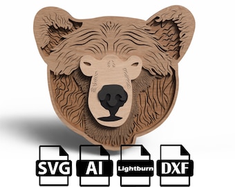 May include: A wooden bear head cutout with a detailed woodgrain pattern. The bear's nose and eyes are black. The image includes file type icons for SVG, AI, Lightburn, and DXF.