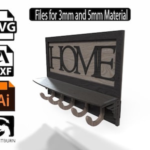 Lasergesneden sleutelhouder Svg-bestanden, sleutelhouderbestanden, bestanden voor hout Lasersnijden Lasergesneden muursleutelhanger met plank Svg-, Ai-, Dxf-, Lightburn-bestand