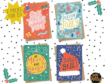 Christmas Cards, Pack of 8, Fun, Bright, Typography