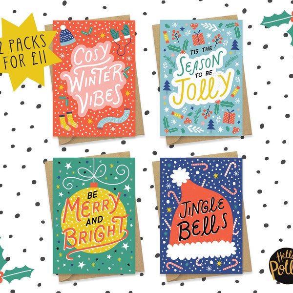 Christmas Cards, Pack of 8, Fun, Bright, Typography