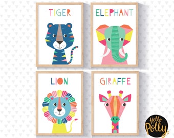 Nursery Prints, Set of 4, Tiger, Elephant, Lion, Giraffe, Bright animals, Safari