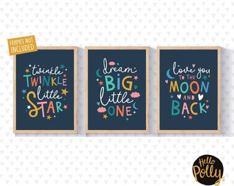 Nursery Prints, Set of 3, Twinkle Twinkle Little Star, Dream Big Little One, Love You to the Moon and Back, Quote Print, Typography