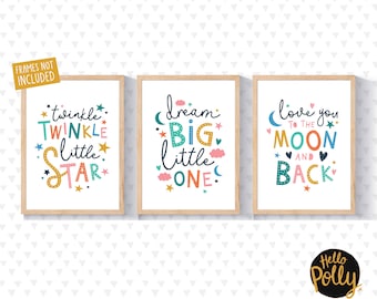 Nursery Prints, Set of 3, Twinkle Twinkle Little Star, Dream Big Little One, Love You to the Moon and Back, Quote Print, Typography