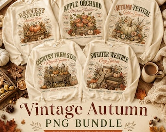 Vintage Autumn PNG Bundle | Retro Fall Shirt Designs | Pumpkin Sweatshirt PNG | Sublimation & Cricut Files | 300 DPI Instant Download