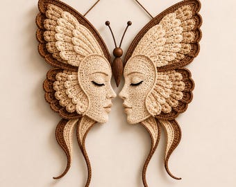 Crochet Butterfly Face Wall Hanging, Boho Fiber Art Decor, Neutral Butterfly Wall Art, Modern Crochet Wall Decor,Handmade Home Accent,