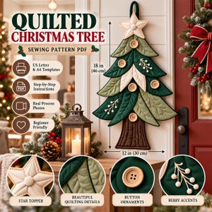 Op de afbeelding: Een PDF-naaipatroon voor een doorgestikte kerstboom van stof met een ster als piek, knoopversieringen en bessenaccenten. De boom meet 46 cm bij 30 cm en bevat A4- en US Letter-sjablonen, stapsgewijze instructies en procesfoto's.