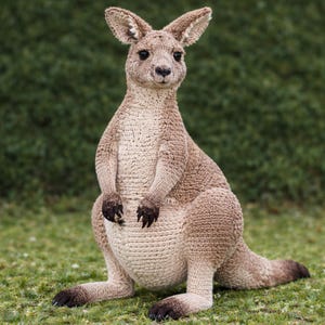 Könnte beinhalten: Ein handgefertigtes, hellbraunes Känguru-Plüschtier mit detaillierter Strickstruktur. Das Känguru steht auf grünem Gras, die Arme sind nach vorne gerichtet. Die Ohren sind aufrecht, die Augen dunkel. Der Hintergrund ist ein verschwommenes Grün.
