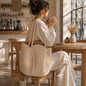 May include: A beige, crocheted tote bag with a tulip-shaped design. The bag has long straps and is sitting on a wooden chair. The bag is made of a thick, textured yarn and is a neutral color.