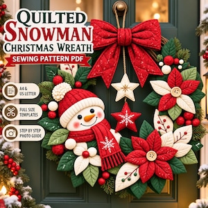 Könnte beinhalten: Ein Quilt-Schnittmuster-PDF für einen Schneemann-Weihnachtskranz mit roter Schleife, Schneemann, rot-weißen Weihnachtssternen und Sternen. Text: Quilted Snowman Christmas Wreath Sewing Pattern PDF, A4 & US Letter, Full Size Templates, Step by Step Photo Guide.