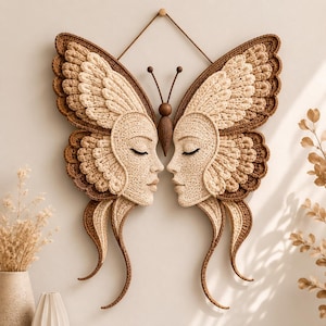 Può includere: Una decorazione da parete con due volti all'uncinetto color crema rivolti l'uno verso l'altro, incorniciati da grandi e complesse ali di farfalla in tonalità marrone chiaro e scuro. Un corpo centrale in legno marrone unisce le ali.