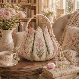 Mönster för PDF med quiltad handväska med tulpanblomma, sömnadsmönster med blommig väska i Cottage Core, handledning för väska med tygblomma, DIY-sömnad med quiltad tulpantyg