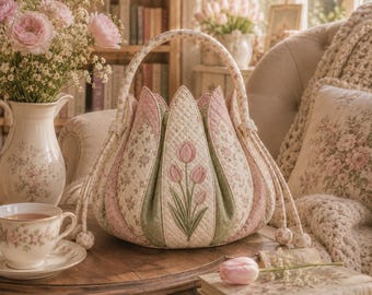 Tulip Flower Quilted Handbag Pattern PDF,Cottage core Floral Purse Sewing Pattern,Fabric Flower Bag Tutorial,Quilted Tulip Tote DIY sewing